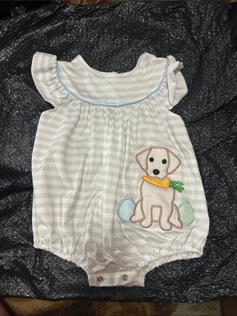 Striped Baby Romper with Puppy & Carrot Appliqué - Gray & White